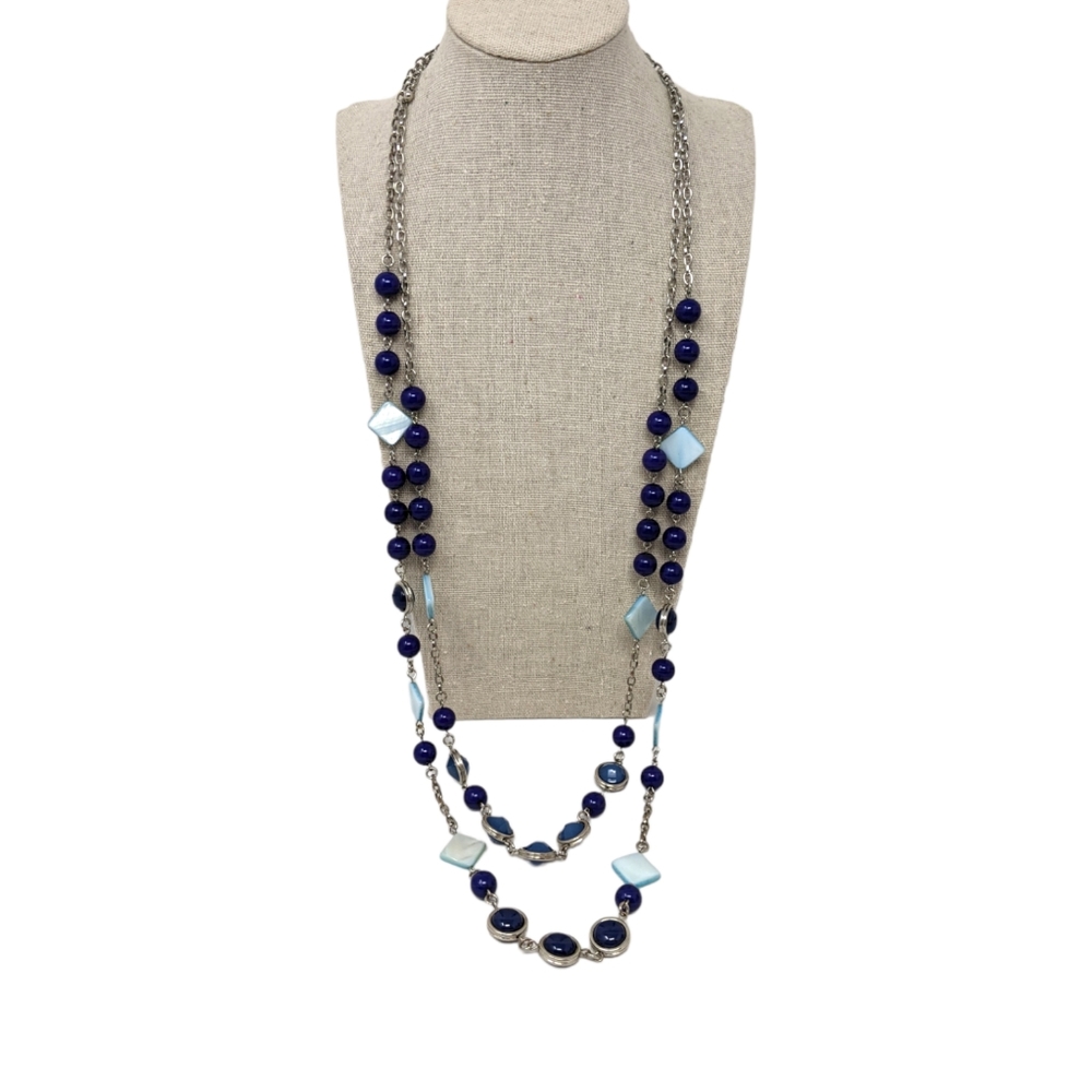 New York & Company Two-Strand Silver Tone Chain Blue Beaded Necklace